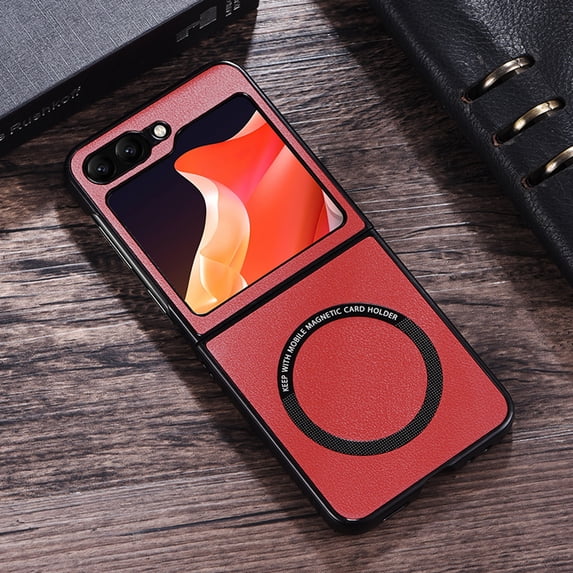 Feishell Magnetic Case for Samsung Galaxy Z Flip 6,Built in Magnets for MagSafe Charger,Luxury PU Leather Shockproof Case Support Wireless Charging Ultra Thin Phone Case,Red