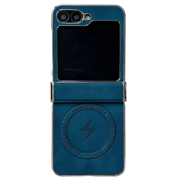 Feishell Magnetic Case for Samsung Galaxy Z Flip 7 Plain PU Leather Thin Slim Electroplated Edge Case Soft Bumper Anti-Fingerprint Shockproof Protective Phone Cover Compatible with Magsafe,Blue