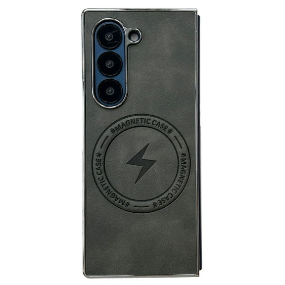 Feishell Magnetic Case for Samsung Galaxy Z Fold 5 Plain PU Leather Thin Slim Electroplated Edge Case Soft Bumper Anti-Fingerprint Shockproof Protective Phone Cover Compatible with Magsafe,Gray