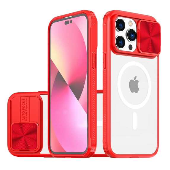Feishell Magnetic Case for iPhone 11, Crystal Clear Rugged PC Soft TPU Acrylic Hybrid Shockproof Cover with Camera Lens Sliding Support Wireless Charging Protective Case, Red