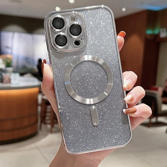 Feishell Magnetic Case for iPhone 13 Pro,Built with Glass Camera Lens Film,Compatible with MagSafe Charging,Shockproof Lightweight Fashion Plating Bling Glitter Paper Slim Phone Case,Silver