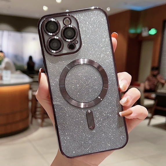 Feishell Magnetic Case for iPhone 14,Built with Glass Camera Lens Film,Compatible with MagSafe Charging,Shockproof Lightweight Fashion Plating Bling Glitter Paper Slim Phone Case,Black