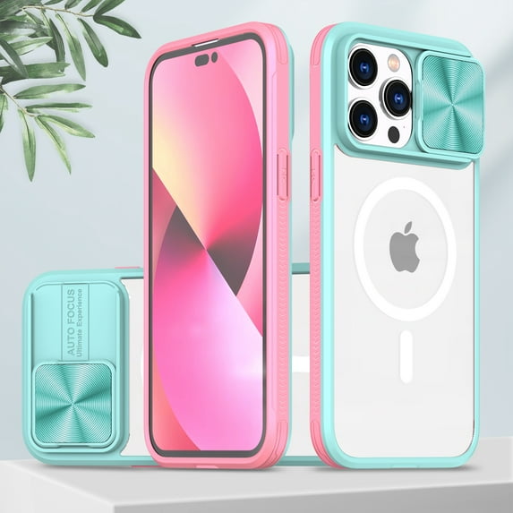 Feishell Magnetic Case for iPhone 14 Pro, Crystal Clear Rugged PC Soft TPU Acrylic Hybrid Shockproof Cover with Camera Lens Sliding Support Wireless Charging Protective Case,Skyblue