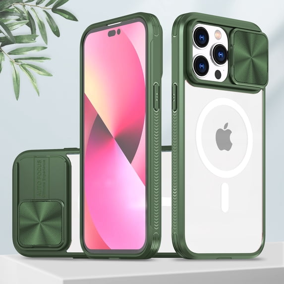 Feishell Magnetic Case for iPhone 14 Pro, Crystal Clear Rugged PC Soft TPU Acrylic Hybrid Shockproof Cover with Camera Lens Sliding Support Wireless Charging Protective Case,Olive