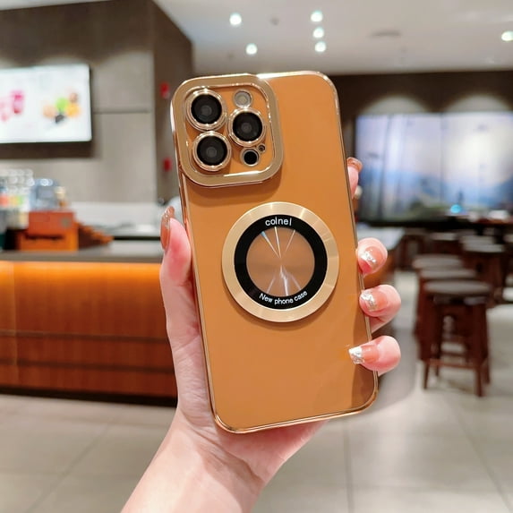 Feishell Magnetic Case for iPhone 15 with Camera Lens Protector, Plating Shockproof Rugged MagSafe Wireless Charging Phone Cover for iPhone 15 6.1" - Coffee