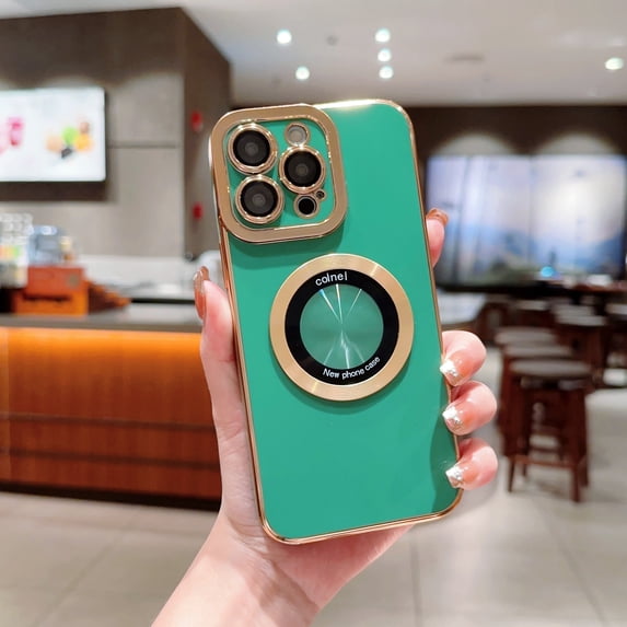 Feishell Magnetic Case for iPhone 15 with Camera Lens Protector, Plating Shockproof Rugged MagSafe Wireless Charging Phone Cover for iPhone 15 6.1" - Green