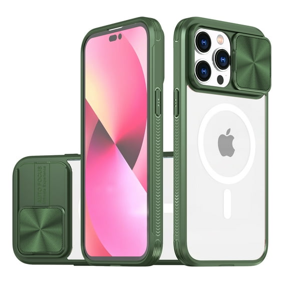 Feishell Magnetic Case for iPhone 8 Plus/ iPhone 7 Plus, Crystal Clear Rugged PC Soft TPU Acrylic Hybrid Shockproof Cover with Camera Lens Sliding Support Wireless Charging Protective Case, Olive