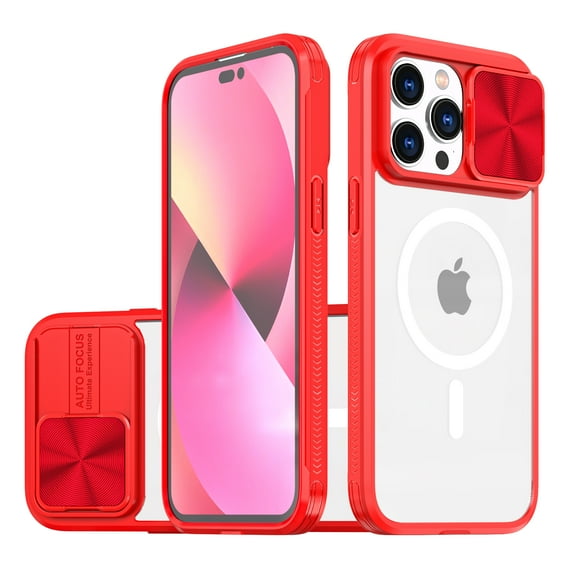 Feishell Magnetic Case for iPhone XS / iPhone X, Crystal Clear Rugged PC + TPU + Acrylic Hybrid Shockproof Cover with Camera Lens Sliding Support Wireless Charging Protective Case, Red