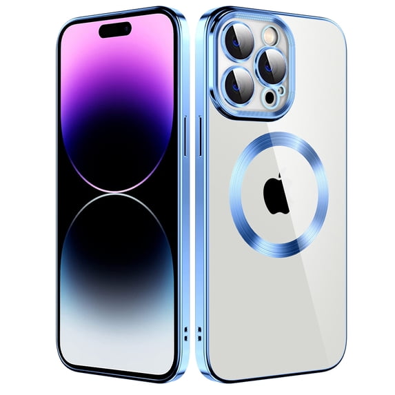 Feishell Magnetic Clear Case with Camera Lens Film Protection for iPhone 12 Pro Max 6.7 Inch,Compatible with MagSafe Wireless Charging,Stylish Plating Shockproof Transparent Slim Phone Case,Blue