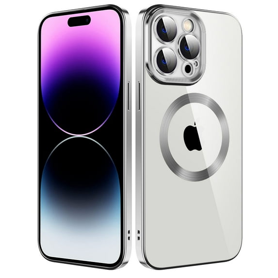 Feishell Magnetic Clear Case with Camera Lens Film Protection for iPhone 12 Pro Max 6.7 Inch,Compatible with MagSafe Wireless Charging,Stylish Plating Shockproof Transparent Slim Phone Case,Silver