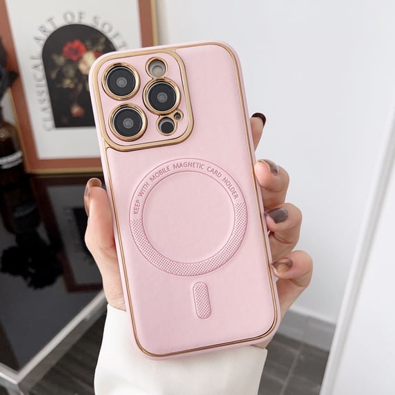 Feishell Magnetic Cover for Apple iPhone 12 (6.1 inch),Compatible with MagSafe Charging,Luxury Plating Shockproof PU Leather Anti-Scratch Slim Fit Phone Case for Women Men,Pink