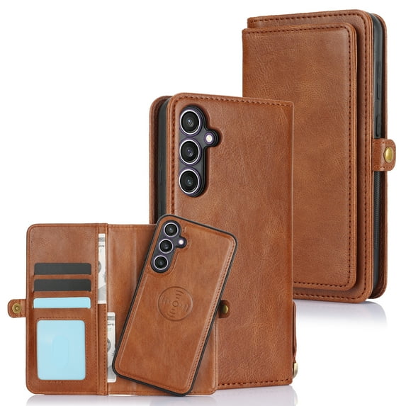 Feishell Magnetic Detachable Wallet Case for Samsung Galaxy S23 FE,with Wrist Strap,Premium PU Leather Magnetic Buckle Credit Card Slots & Cash Pocket Shockproof Phone Case for Women Men,Brown