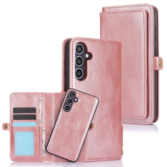 Feishell Magnetic Detachable Wallet Case for Samsung Galaxy S25 Plus,with Wrist Strap,Premium PU Leather Magnetic Buckle Credit Card Slots & Cash Pocket Shockproof Phone Case for Women Men,Rosegold