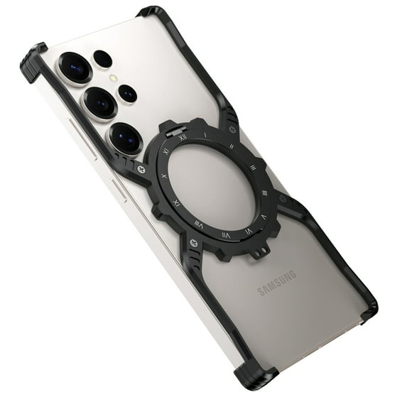 Feishell Minimalist Phone Case for Samsung Galaxy S22 Ultra, Compatible with MagSafe, 360° Rotation Kickstand Aluminum Metal Frameless Design Bumper, Heavy Duty Protective Shock Grade,Black