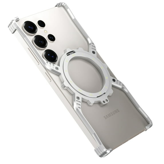 Feishell Minimalist Phone Case for Samsung Galaxy S23 Ultra, Compatible with MagSafe, 360° Rotation Kickstand Aluminum Metal Frameless Design Bumper, Heavy Duty Protective Shock Grade,Silver