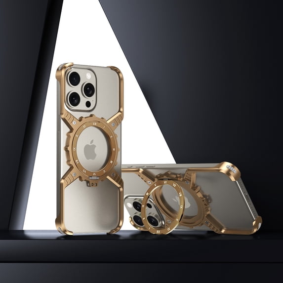 Feishell Minimalist Phone Case for iPhone 15, Compatible with MagSafe, 360° Rotation Kickstand Aluminum Metal Frameless Design Bumper, Heavy Duty Protective Shock Grade,Gold