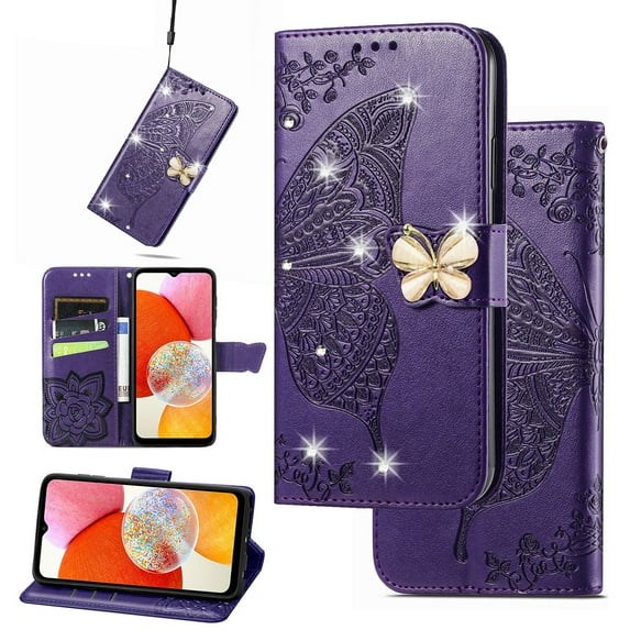 Feishell for Moto G Play 4G 2024 Wallet Case for Women Girls,Bling Diamond Butterfly Embossed PU Leather Magnetic Clasp Flip Kickstand ID Credit Card Slots Phone Case with Wrist Strap,Purple