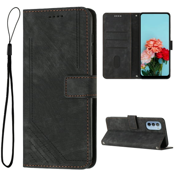 Feishell for Motorola Moto G (2022) Flip Wallet Phone Case,Durable PU Leather Flip Kickstand Shockproof TPU Inner Shell Magnetic Clasp Folio Card Pocket Phone Case with Wrist Strap,Black