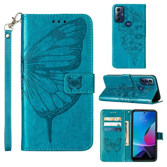 Feishell for Motorola Moto G Play (2023) 6.5 inch Flip Wallet Case with Wrist Strap,Butterfly & Flower Embossed Pattern PU Leather Magnetic Buckle Folio Credit Card Slots Kickstand Phone Case,Blue