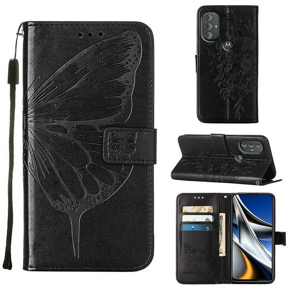Feishell for Motorola Moto G Power (2022) Flip Wallet Case,Butterfly & Flower Embossed Pattern PU Leather Magnetic Folio Flip Protective with Credit Card Slots Kickstand Slim Phone Case,Black