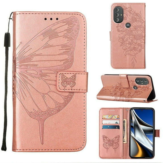 Feishell for Motorola Moto G Power (2022) Flip Wallet Case,Butterfly & Flower Embossed Pattern PU Leather Magnetic Folio Flip Protective with Credit Card Slots Kickstand Slim Phone Case,Rosegold