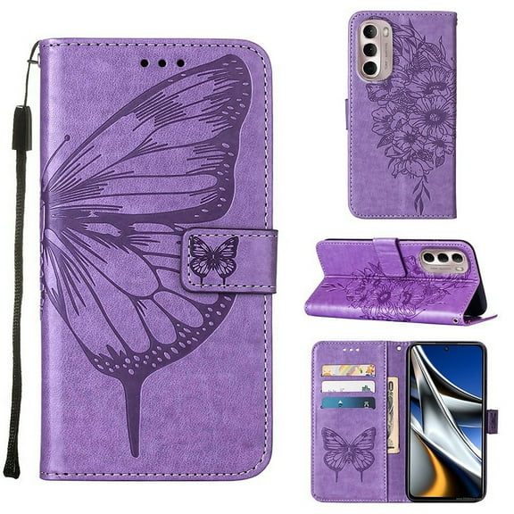Feishell for Motorola Moto G Stylus 4G(2022) Flip Wallet Case,Butterfly & Flower Embossed Pattern PU Leather Magnetic Folio Flip Protective with Credit Card Slots Kickstand Slim Phone Case,Lightpurple