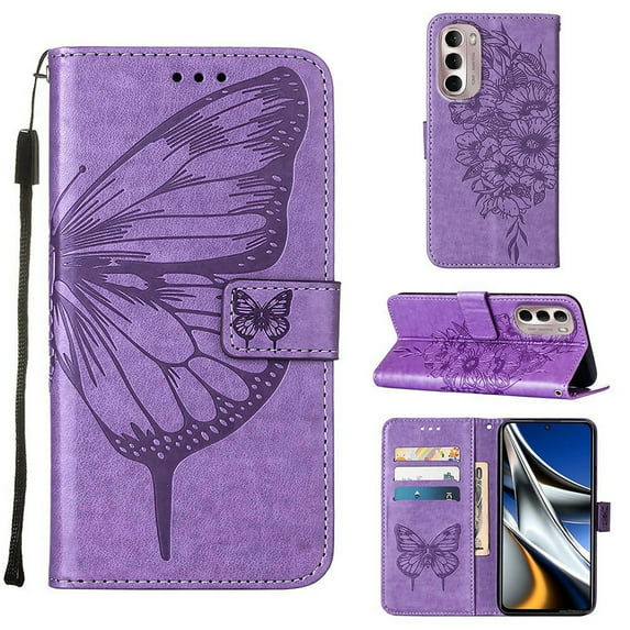 Feishell for Motorola Moto G Stylus 4G(2022) Flip Wallet Case,Butterfly & Flower Embossed Pattern PU Leather Magnetic Folio Flip Protective with Credit Card Slots Kickstand Slim Phone Case,Lightpurple