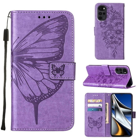 Feishell for Motorola Moto G Stylus 5G (2022) Flip Wallet Case,Butterfly & Flower Embossed Pattern PU Leather Magnetic Folio Flip Protective with Credit Card Slots Stand Slim Phone Case,Lightpurple