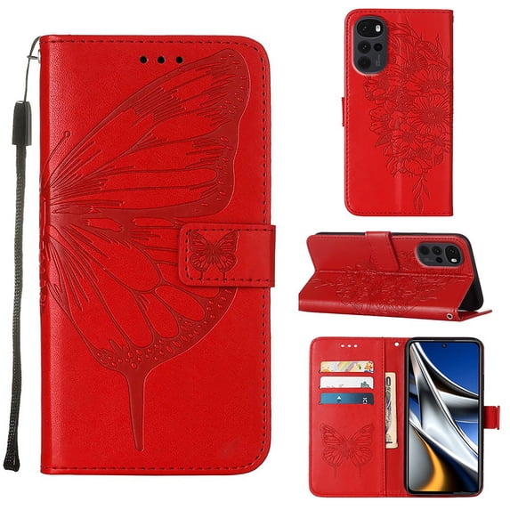 Feishell for Motorola Moto G Stylus 5G (2022) Flip Wallet Case,Butterfly & Flower Embossed Pattern PU Leather Magnetic Folio Flip Protective with Credit Card Slots Stand Slim Phone Case,Red