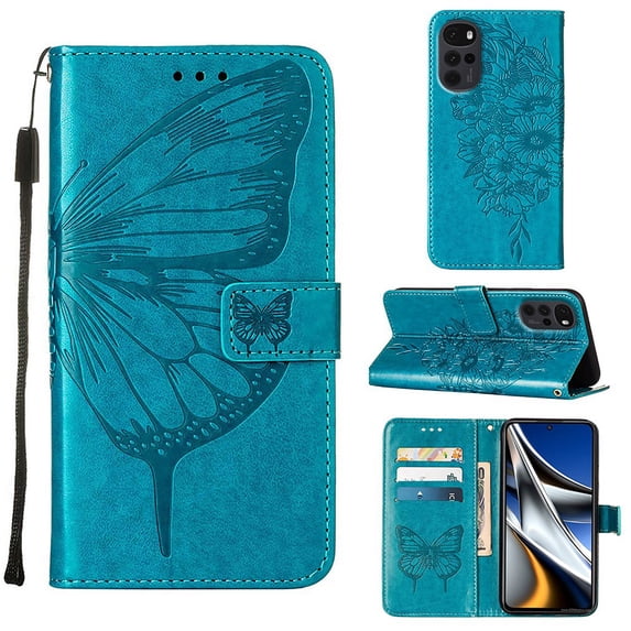 Feishell for Motorola Moto G Stylus 5G (2022) Flip Wallet Case,Butterfly & Flower Embossed Pattern PU Leather Magnetic Folio Flip Protective with Credit Card Slots Stand Slim Phone Case,Blue