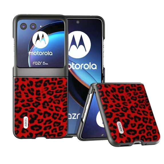 Feishell for Motorola Razr 40 Ultra 2023 Fashion Leopard Print Phone Case for Women Men,PU Leather & Hard PC Shock Absorption Anti-Slip Slim Folding Protective Phone Case,Red