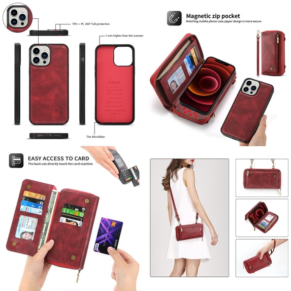 Feishell Multifunctional Crossbody Wallet Case for iPhone 13 Pro,Magnetic Detachable Case Premium PU Leather Zipper Pocket Multi Card Slots Phone Case with Wrist Strap & Shoulder Strap,Red