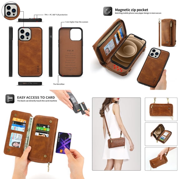 Feishell Multifunctional Crossbody Wallet Case for iPhone 16,Magnetic Detachable Case Premium PU Leather Zipper Pocket Multi Card Slots Phone Case with Wrist Strap & Shoulder Strap,Brown