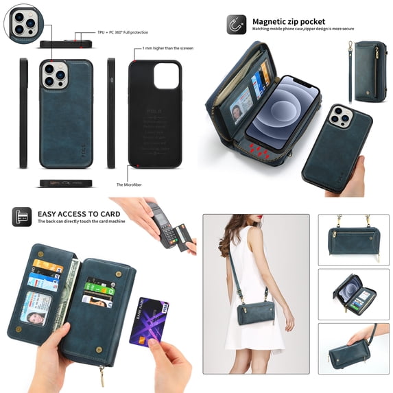 Feishell Multifunctional Crossbody Wallet Case for iPhone 16,Magnetic Detachable Case Premium PU Leather Zipper Pocket Multi Card Slots Phone Case with Wrist Strap & Shoulder Strap,Blue