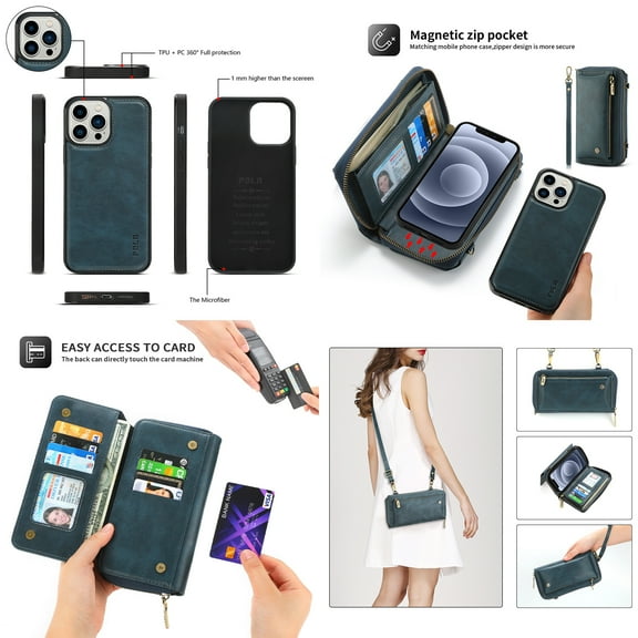 Feishell Multifunctional Crossbody Wallet Case for iPhone 16 Pro,Magnetic Detachable Case Premium PU Leather Zipper Pocket Multi Card Slots Phone Case with Wrist Strap & Shoulder Strap,Blue