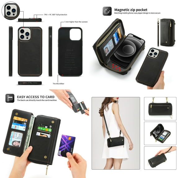 Feishell Multifunctional Crossbody Wallet Case for iPhone 16 Pro Max,Magnetic Detachable Case Premium PU Leather Zipper Pocket Multi Card Slots Phone Case with Wrist Strap & Shoulder Strap,Black