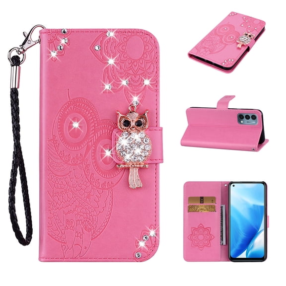 Feishell OnePlus Nord N200 5G Case Owl Pattern Glitter Sparkly Gems Shockproof PU Leather Wallet Cover Flip Stand Card Slots Magnetic Diamond Bling Folio Case for OnePlus Nord N200 5G, Rosegold
