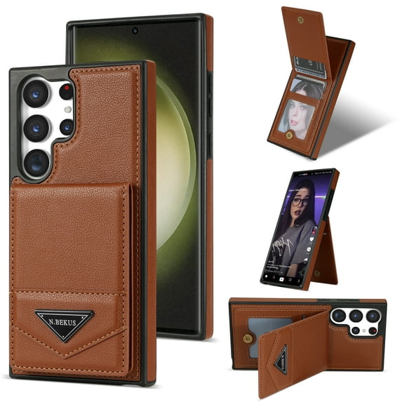 Feishell PU Leather Wallet Case for Samsung Galaxy S25 Ultra - Back Credit Card Slots RFID Blocking Kickstand Cover with Magnetic Button, TPU Shockproof Flip Case for Samsung Galaxy S25 Ultra, Brown