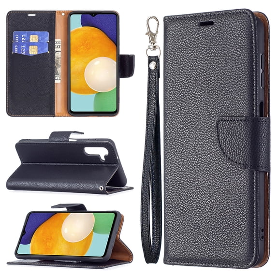 Feishell Phone Case for Samsung Galaxy A15, Lychee Texture Plain PU Leather Magnetic Clasp Folio Flip Kickstand Wallet Phone Case with Card Slots & Wrist Strap, Black