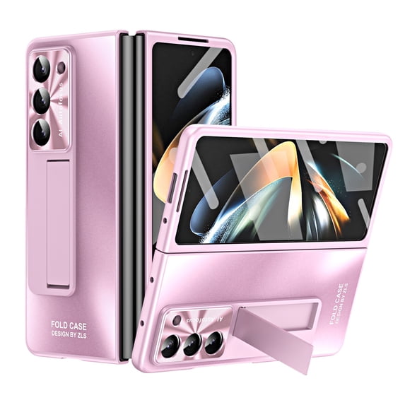Feishell Phone Case for Samsung Galaxy Z Fold 6 with Front Glass Screen Protector,Shockproof Frosted Hard PC Anti-Fingerprint Hidden Kickstand Anti-Scratch Camera Lens Protection Phone Case,Pink