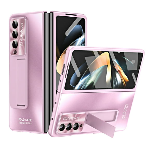 Feishell Phone Case for Samsung Galaxy Z Fold3 with Front Glass Screen Protector,Shockproof Frosted Hard PC Anti-Fingerprint Hidden Kickstand Anti-Scratch Camera Lens Protection Phone Case,Pink