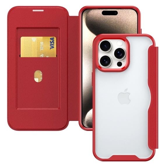 Feishell Phone Case for iPhone 13 Pro Max Wallet Case, Shockproof Full Body Protective Folio Purse Case with RFID Blocking Card Slot PU Leather Book Style Transparent Case, Red