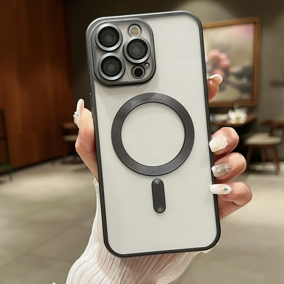 Feishell Plating Magnetic Case for iPhone 16 Pro Max, Compatible with MagSafe, Clear Phone Case with Camera Lens Protector, Soft TPU/Rubber Shockproof Non-Yellowing Cover - Black
