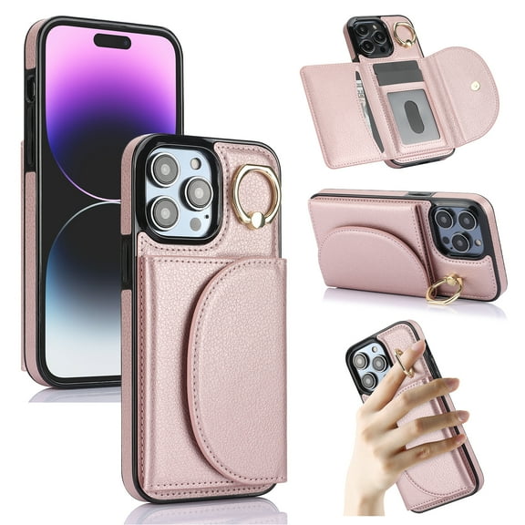 Feishell Premium Leather Case For iPhone 12 Pro Max with Credit Card Holder,Back Magnetic Closure,360 Finger Ring Stand Kickstand,RFID Blocking Shockproof Wallet Cover iPhone 12 Pro Max,Rosegold