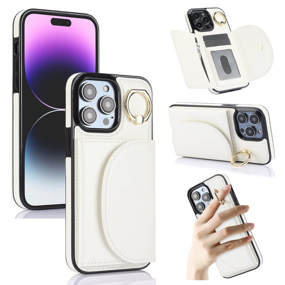 Feishell Premium Leather Case For iPhone 12 Pro Max with Credit Card Holder,Back Magnetic Closure,360 Finger Ring Stand Kickstand,RFID Blocking Shockproof Wallet Cover iPhone 12 Pro Max,White