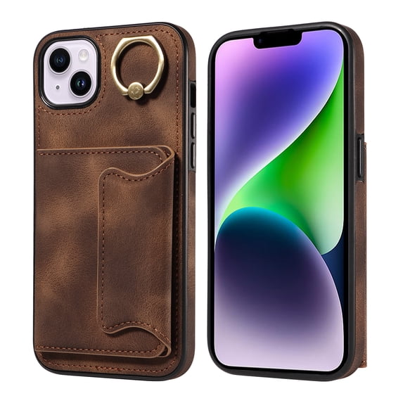 Feishell Ring Holder Bracket Wallet Case for iPhone 13, Luxury PU Leather Card Slots Flip Cover with Magnetic Buttons, TPU Bumper Shockproof Full Protection Case for iPhone 13,Brown