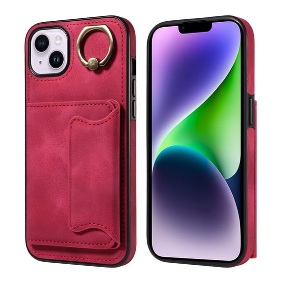 Feishell Ring Holder Bracket Wallet Case for iPhone 13, Luxury PU Leather Card Slots Flip Cover with Magnetic Buttons, TPU Bumper Shockproof Full Protection Case for iPhone 13,Red