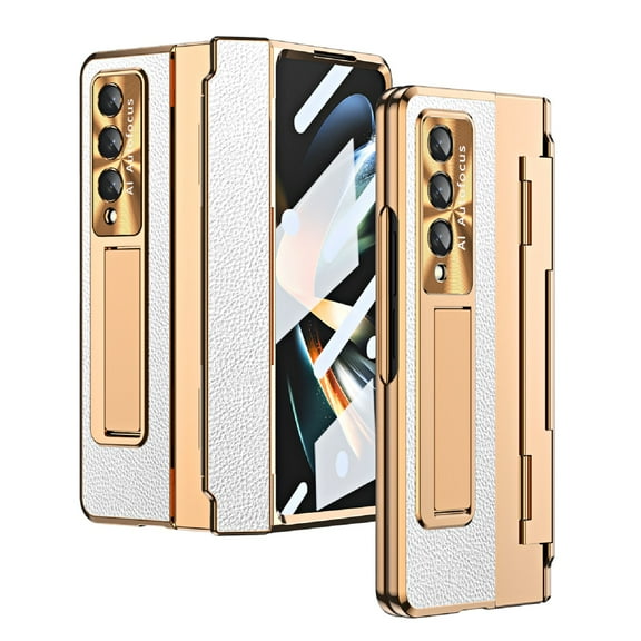 Feishell Rugged Case for Samsung Galaxy Z Fold3, Glossy Skin-Friendly Screen Protector Flim Cover with Kickstand Hinge Protection Compatible with MagSafe Wireless Charging Shockproof Case,Gold+White