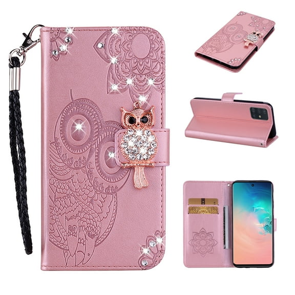 Feishell Samsung A13 Case 5G Owl Pattern Glitter Sparkly Gems Shockproof PU Leather Wallet Cover Flip Stand Card Slots Magnetic Diamond Bling Folio Case for Samsung Galaxy A13 5G, Pink
