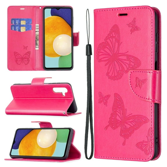 Feishell Samsung A14 Case 5G Butterfly Embossed Pattern Premium Leather Wallet Cover Flip Stand Card Slots Holder Magnetic with Wrist Strap Case for Samsung Galaxy A14 5G, Pink